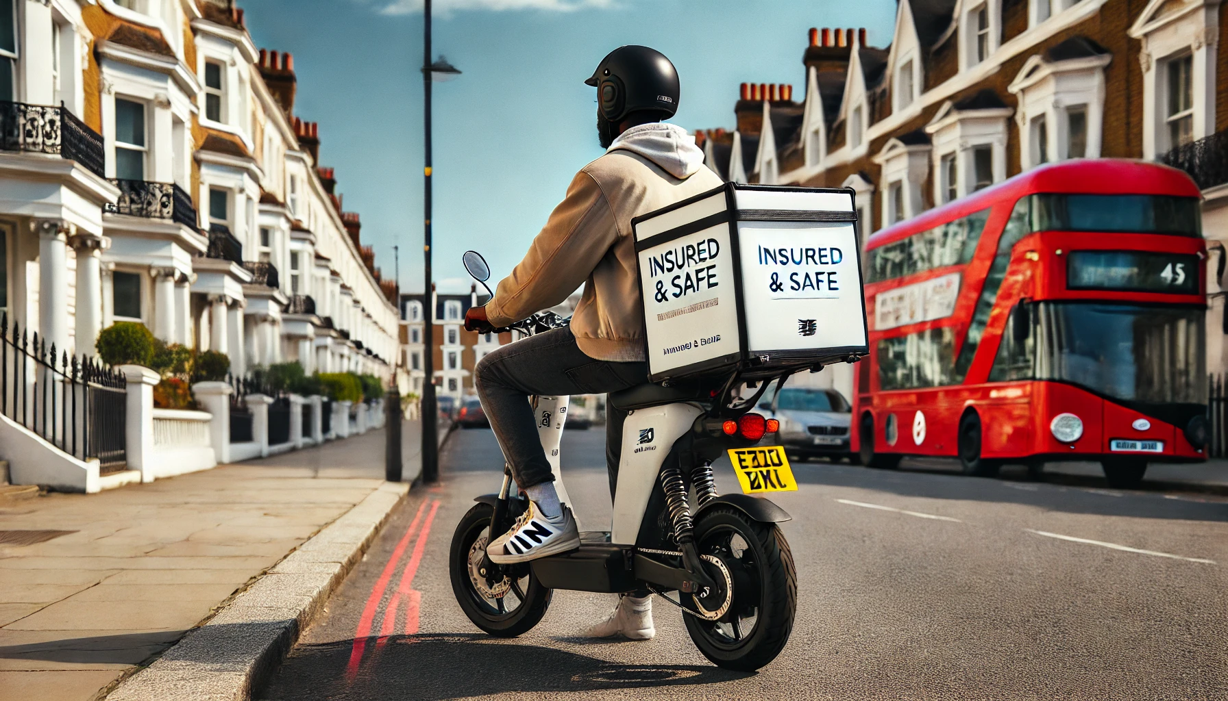 Delivery in London traffic, sitting on an electric moped with a food delivery box that says "insured & safe"