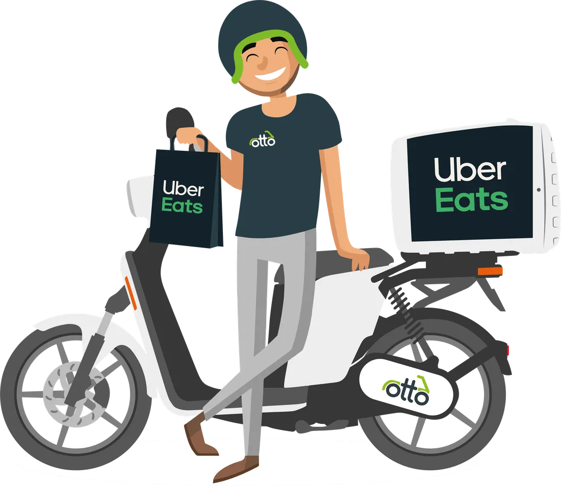 Otto rider standing next to his Askoll e-moped — Uber Eats illustration