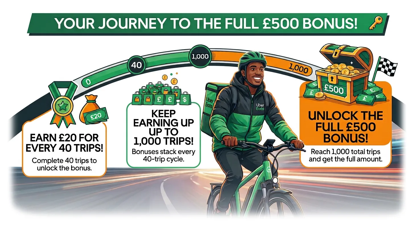 Your journey to the full £500 Uber Eats bonus: £20 for every 40 trips, stacking up to 1,000 trips