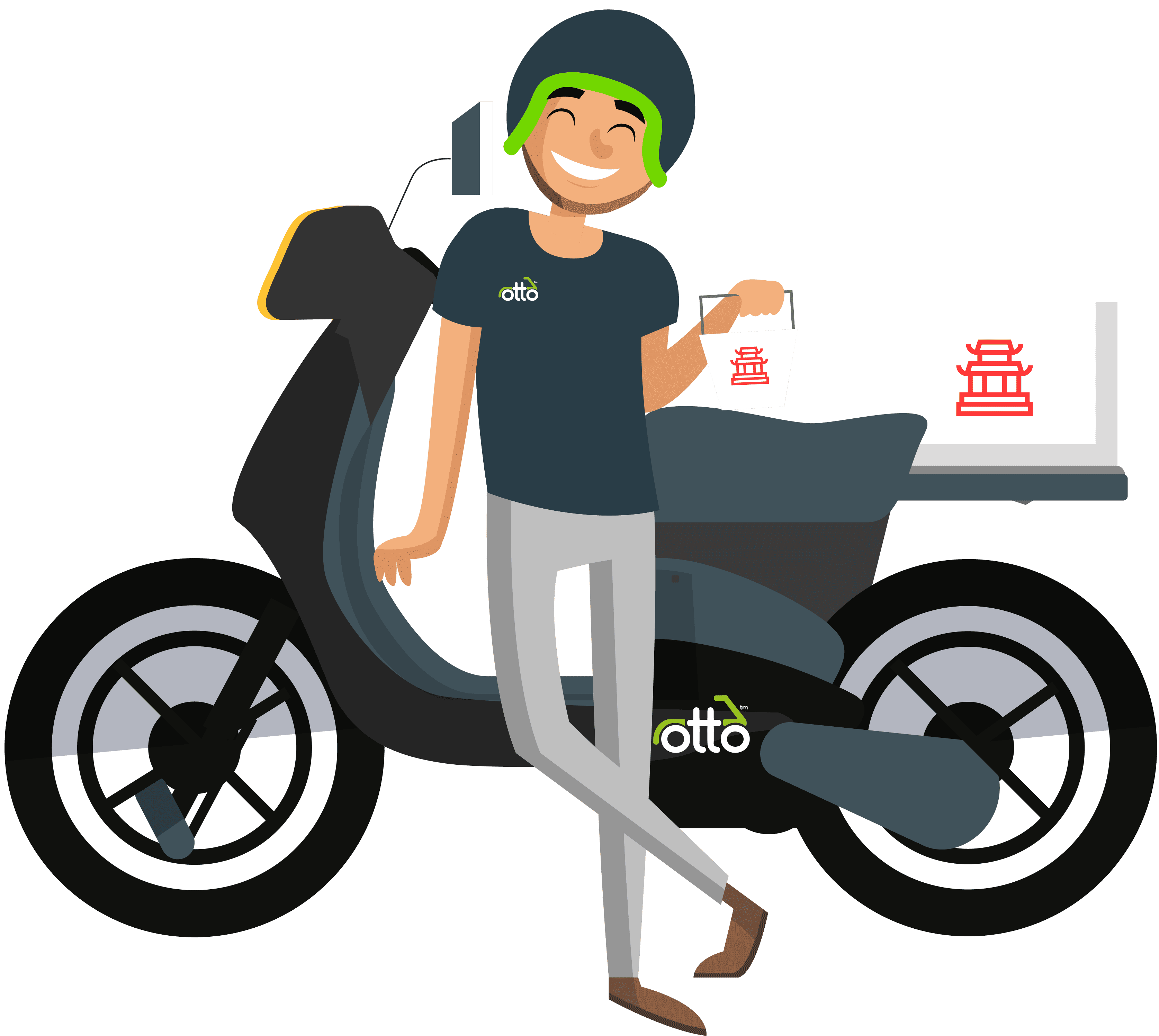 Illustration of a delivery rider standing next to an e-moped with a box of food.