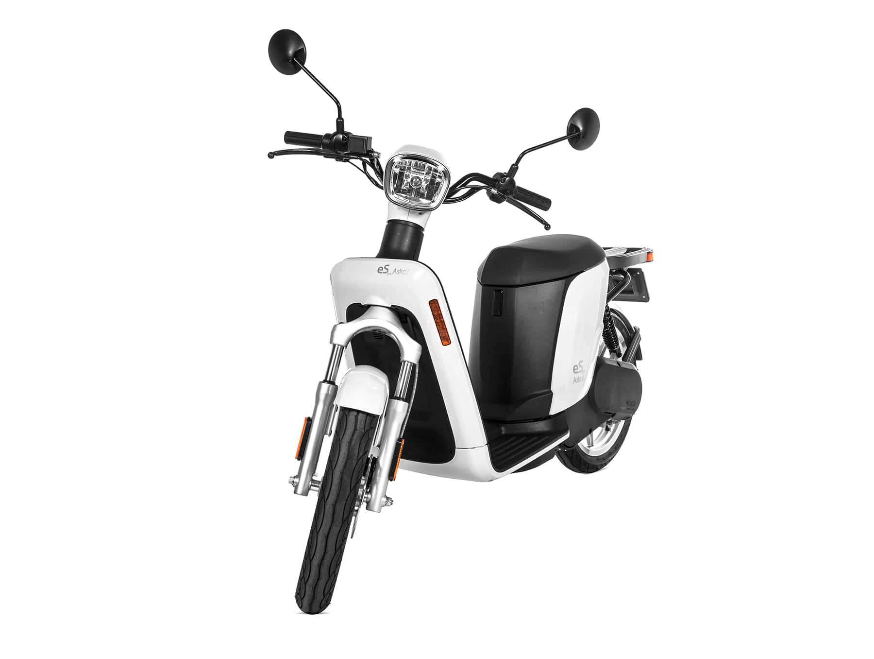front view image, white Askoll espro70 e-moped for delivery rider rentals