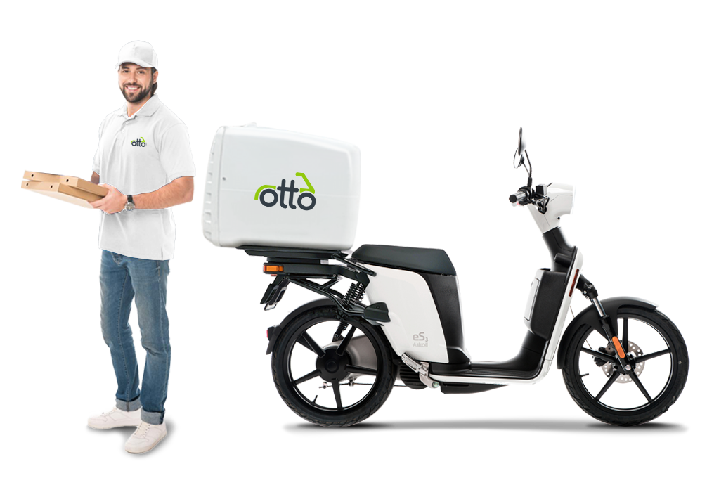 Delivery Courier Standing Next To His Otto Scooter E-moped