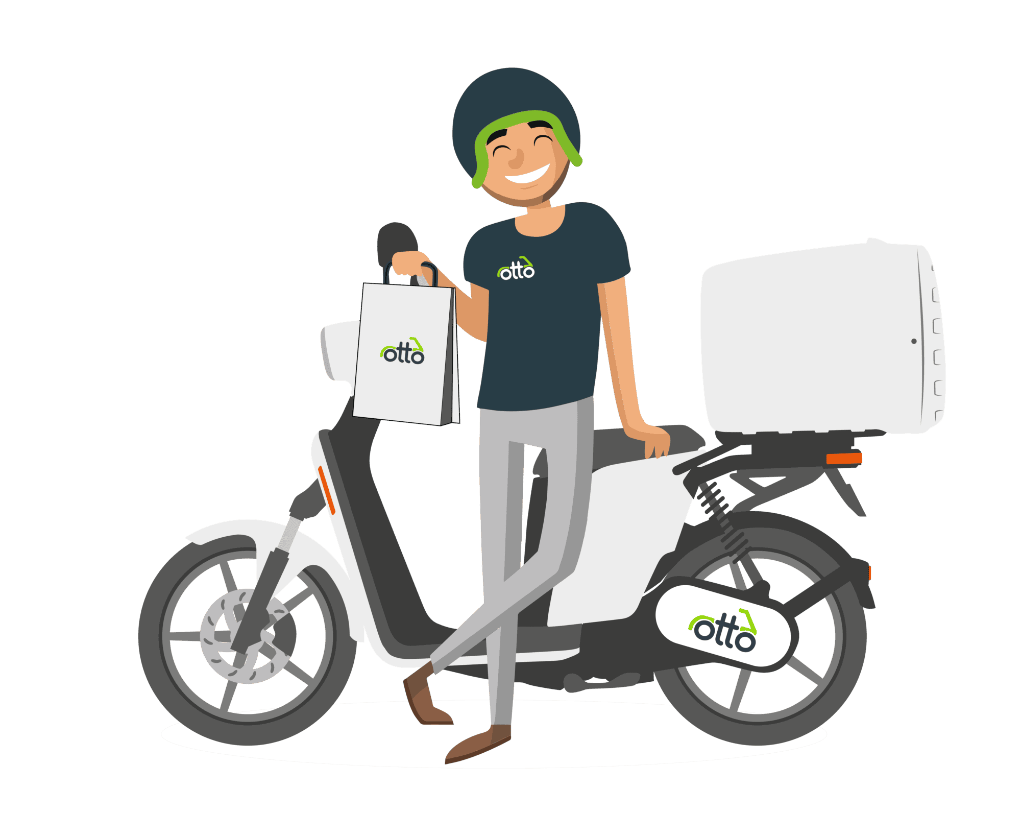illustration of Otto Scooter delivery rider smiling and standing next to his Askoll e-moped