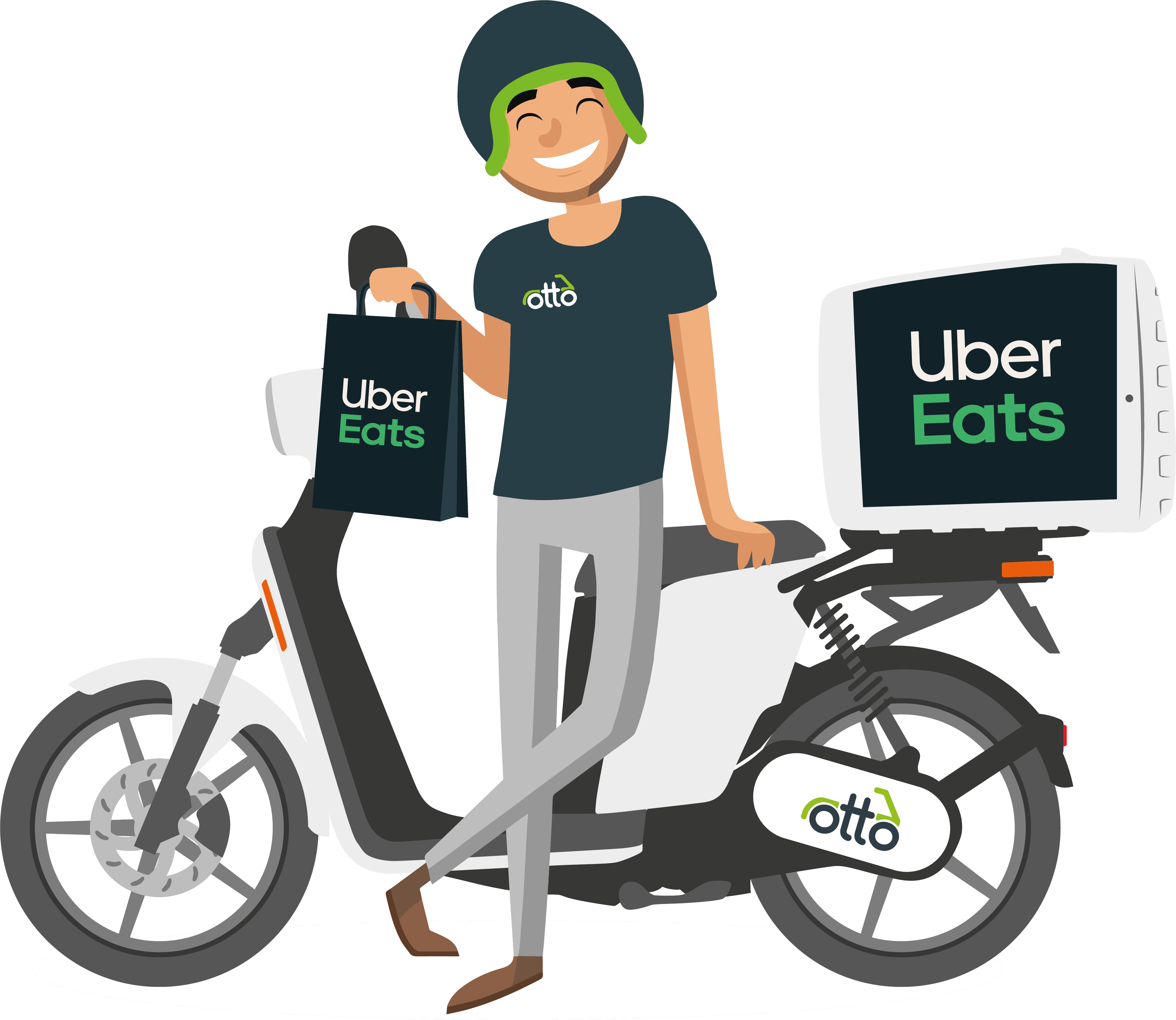Askoll Driver for Uber Eats illustration standing next to his Askoll e-moped