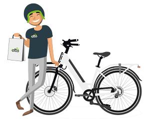 illustration of Otto Scooter delivery courier standing next to his ebike