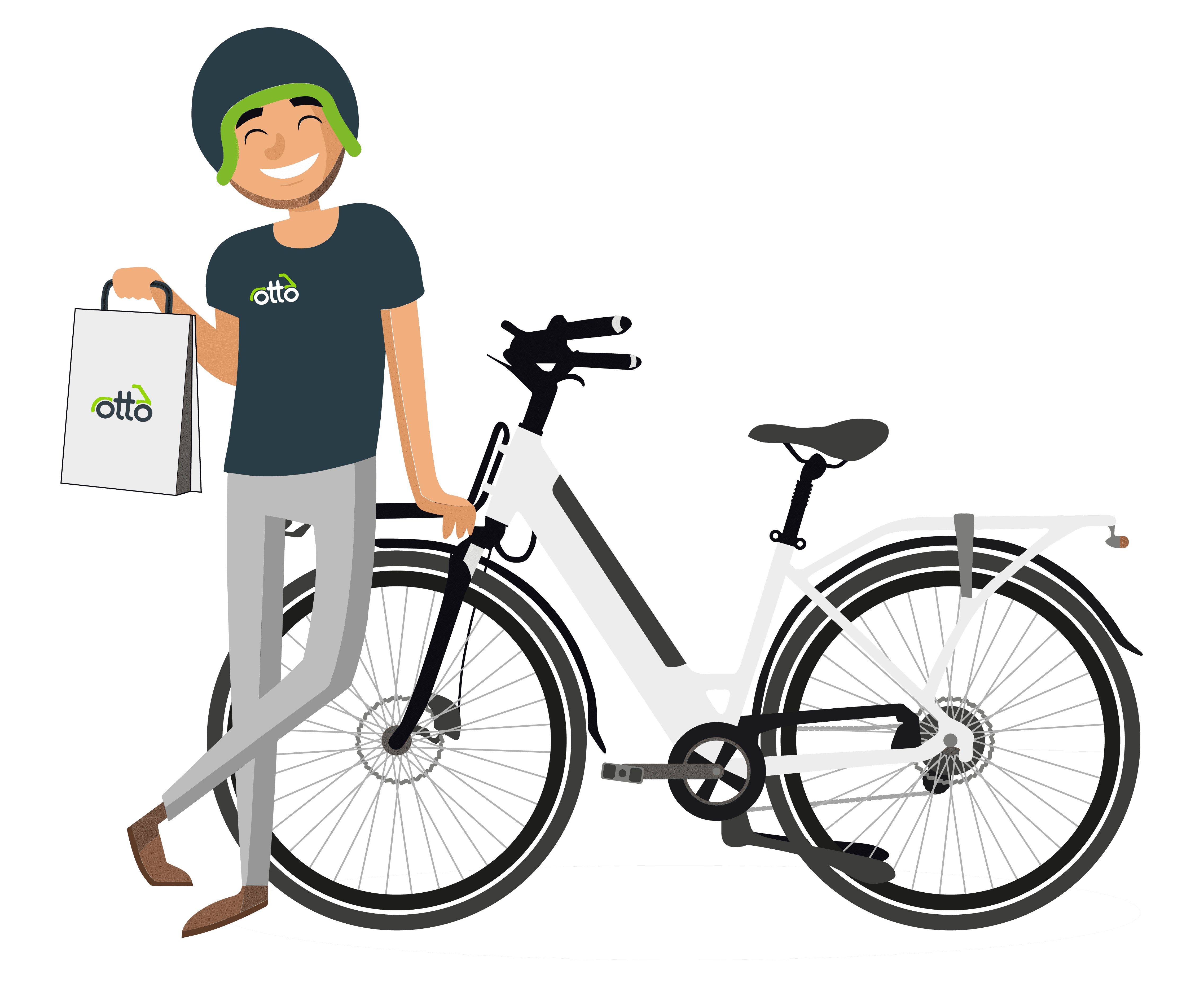 illustration of Otto Scooter delivery courier standing next to his ebike