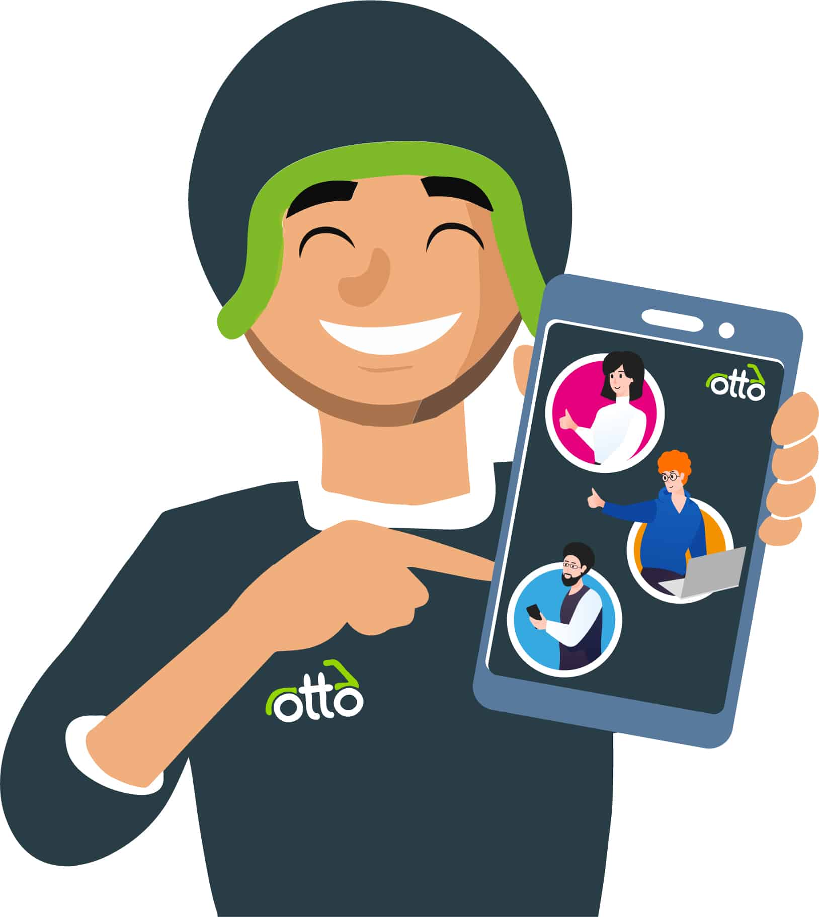 Animation With Otto Delivery Rider Holding His Mobile Phone And Showing The Screen, Which Displays The Steps To Refer A Friend