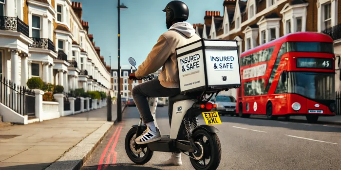 Delivery In London Traffic, Sitting On An Electric Moped With A Food Delivery Box That Says 