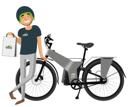 Illustration of a smiling person wearing a helmet, holding a bag, and standing next to an electric bicycle labeled "otto," which includes an extra battery for ETT bikes.