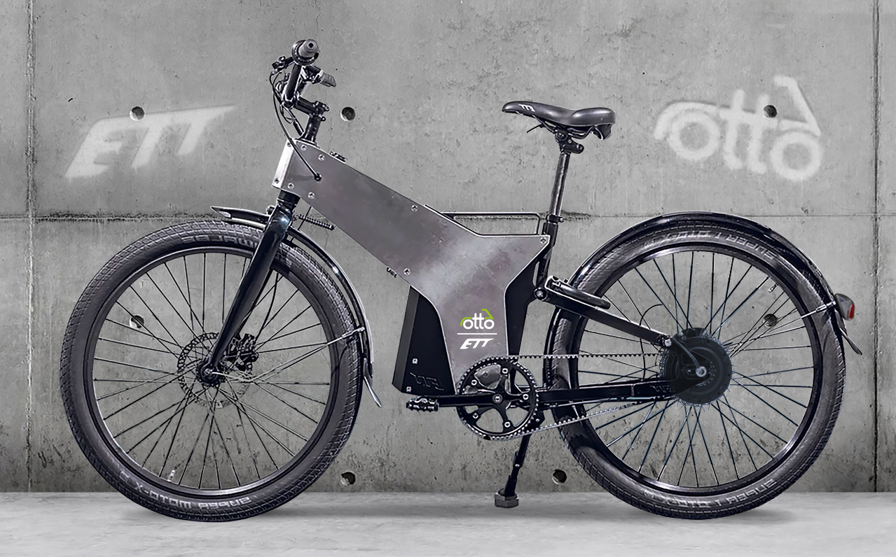 A matte black electric bike with a minimalist design is positioned against a concrete wall, perfect for navigating London. The brand logo "Otto" is displayed on the frame, reminiscent of the sleek scooters used by Uber Eats couriers.