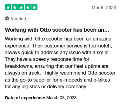 A five-star review for Otto scooter, highlighting their exceptional customer service and recommending them for e-mopeds and e-bikes. Perfect for anyone seeking electric scooter rentals in the UK. Dated March 3, 2023.