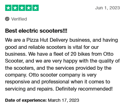 On June 1, 2023, a Pizza Hut Delivery business left a glowing 5-star review for Otto Scooter, applauding their exceptional electric scooters and top-notch service. Perfectly suited for rentals across the UK, these scooters ensure efficient and reliable delivery every time.