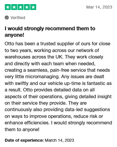 Trustpilot review praising Otto's efficient, reliable electric scooter rental supply service across the UK, highlighting quick issue resolution and helpful advice on operations, risk, and efficiency improvements.