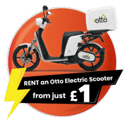 Rentfrom£1 A white Otto electric scooter is displayed against an orange circle with text: "RENT an Otto Electric Scooter from just £1.