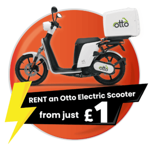 Rentfrom£1 A white Otto electric scooter is displayed against an orange circle with text: "RENT an Otto Electric Scooter from just £1.