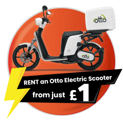 A white Otto electric scooter is displayed against an orange circle with text: "RENT an Otto Electric Scooter from just £1.