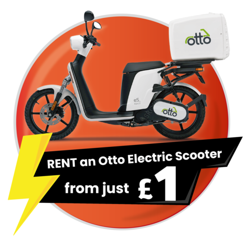 Rentfrom£1 A white Otto electric scooter is displayed against an orange circle with text: "RENT an Otto Electric Scooter from just £1.