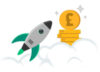 A Rocket Flies Upward Near Stacks Of Gold Coins With A Pound Symbol, Surrounded By Clouds And Sparkles—like Watching Your Uber Eats Or Rent Scooter Side Hustles Skyrocket In London.