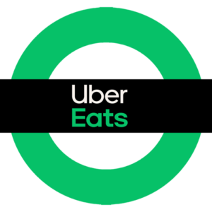 Uber Eats logo with the words "Uber Eats" in white and green text on a black rectangle, set against a green square background.